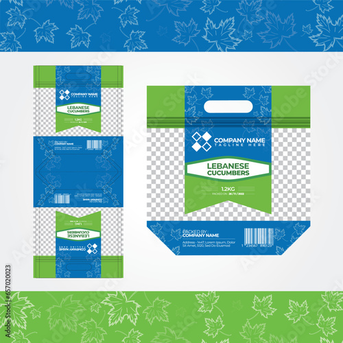 Template design for product packaging and label design. Plastic packaging of Lebanese cucumber vegetables.