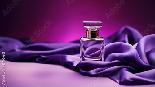 Generative AI, Bottle of perfume on a purple silk background. Glass flask with purple fragrance packaging design mock up
