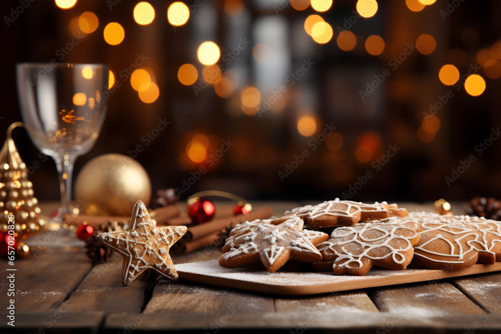 Fototapeta premium christmas tree decorations, santa claus with gifts, snowman in the snow, christmas gift boxes 
