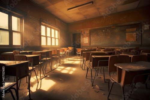Empty school classroom without young student.