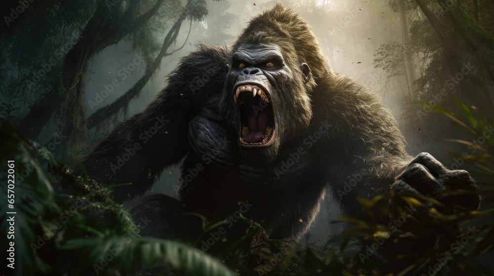 angry gorilla is very scary - obrazy, fototapety, plakaty 