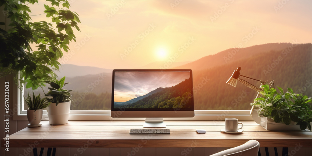 Eco-friendly workspace with desktop or laptop - obrazy, fototapety, plakaty 
