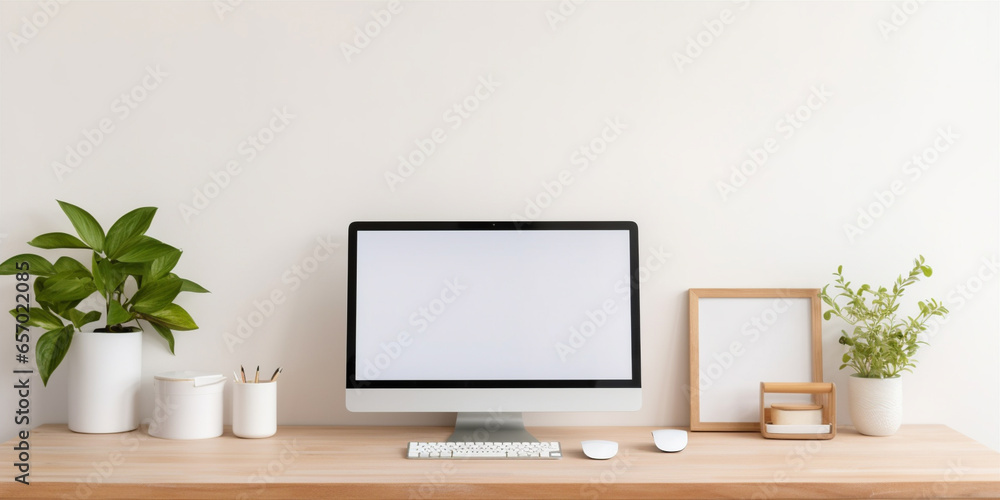 Fototapeta premium Eco-friendly workspace with desktop or laptop