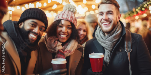 Diverse group of people having fun together at Christmas fair photo