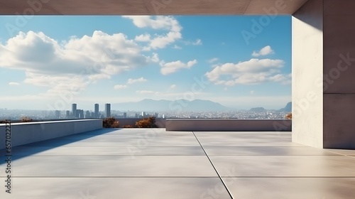 Modern concrete architecture building, exterior floor and roof with empty space for mock up with blue sky background, in clean design, with Generative Ai. © Lucky Ai
