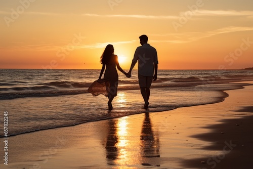Young happy couple walks on beach on sunset, back view. AI generative