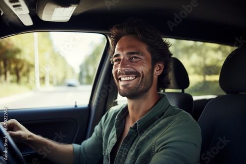 Smiling driver man sits in a car. AI generative