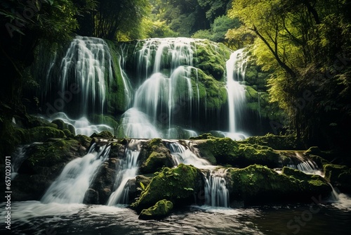 Picturesque cascade in verdant environment, enclosed by towering precipices. Generative AI