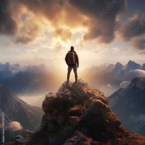 A traveling tourist is alone on the edge of a mountain cliff and looks at the valley. Silhouette of a man on a high rock at sunset. Hiking, adventure lifestyle