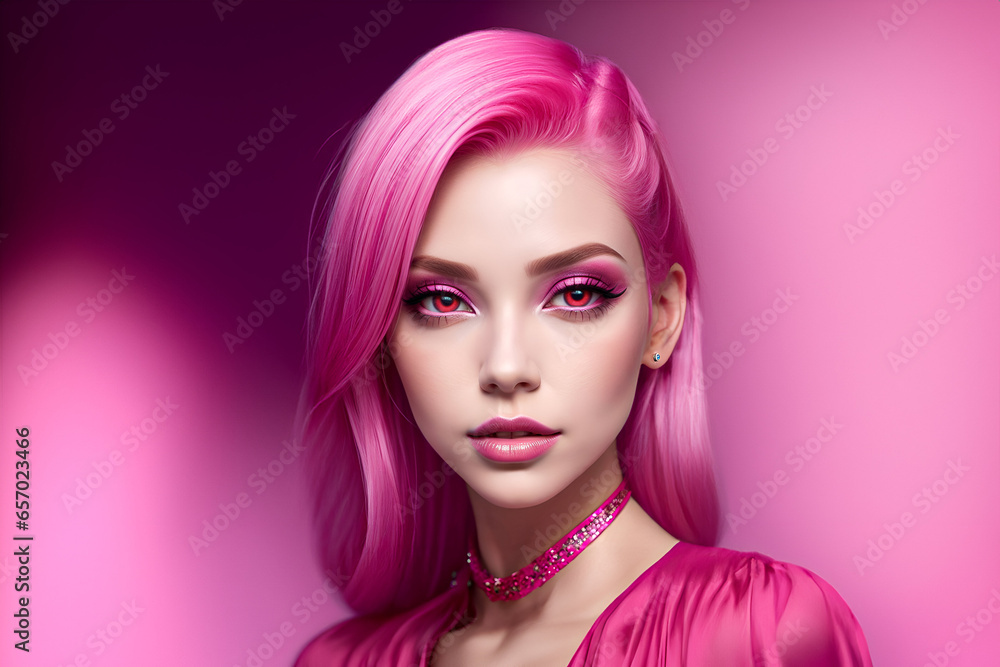 Portrait of a fashion model with pink hair, pink eyes, pink dress and pink makeup - Generative AI