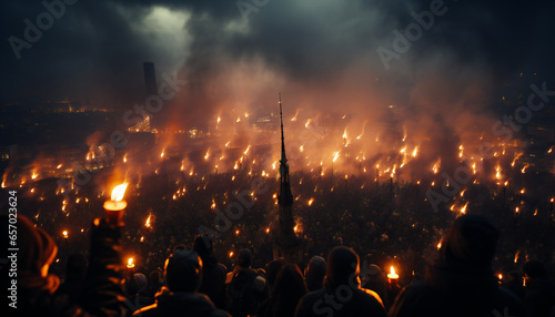 Tenebrist recreation of large demonstration or riot with people with torches and candles