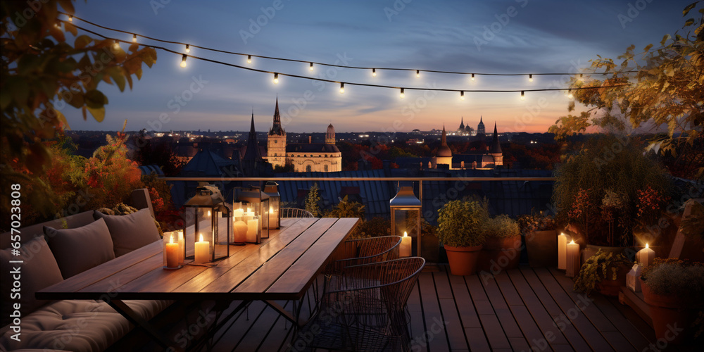 View over cozy outdoor terrace - obrazy, fototapety, plakaty 