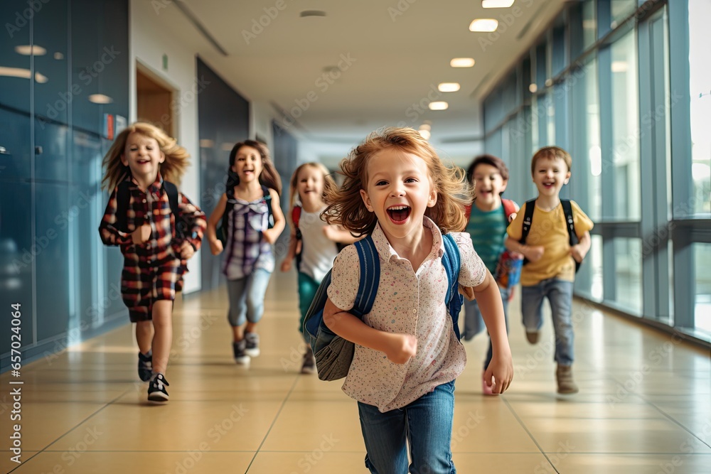 kids running in a school corridor