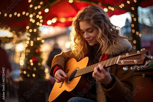 Fototapete girl with guitar in a christmas market