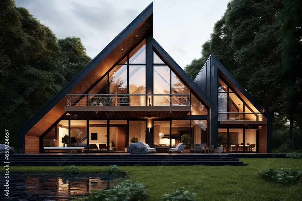 Modern wooden framed house. Generative AI