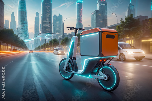 Futuristic E Cargo Bike in Modern Cityscape Electric Delivery Bike, AI Generated