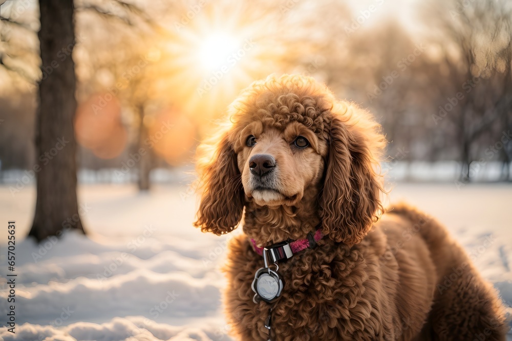 Poodle outdoors in a park in winter snowy season during late winter sunset with a sun flares in the background. Generative Ai.