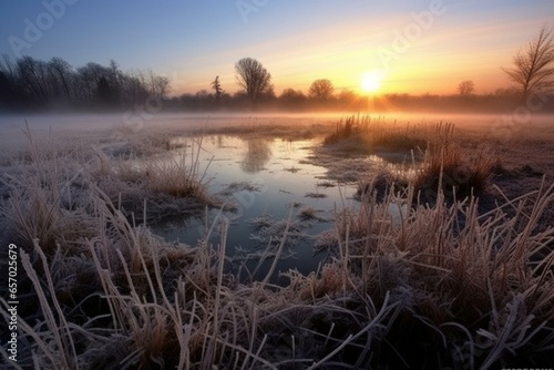 The sunrise over the fields, morning frost, dew, sunlight. Generative AI