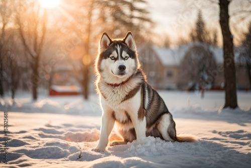 Siberian Husky outdoors in a park in winter snowy season during late winter sunset with a sun flares in the background. Generative Ai.