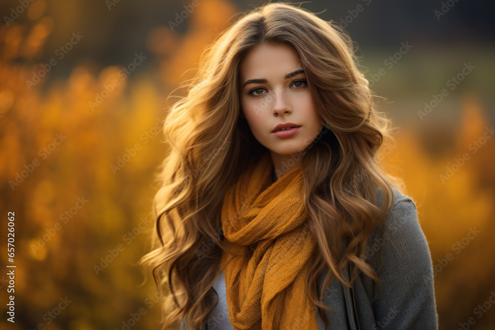 Beautiful woman in autumn scenery with golden leaves and seasonal fashion Beautiful woman in autumn scenery with golden leaves and seasonal fashion