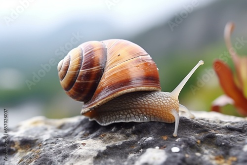 Close-up snail crawling on rock with blurred background. Generative AI