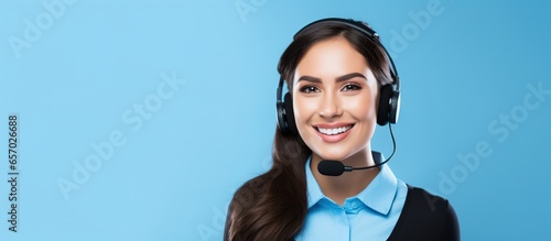 Young woman friendly customer support service operator with headset isolated on blue