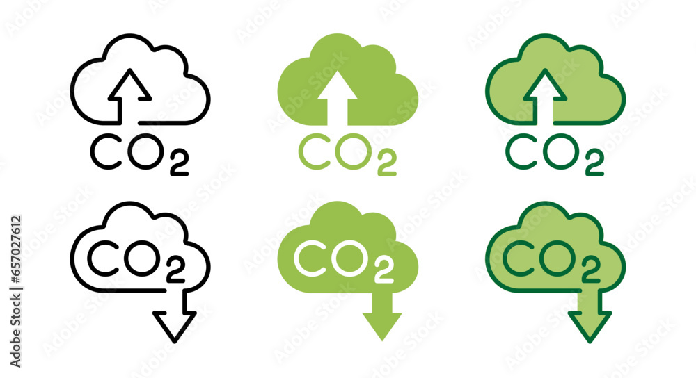 CO2 gas Reduction icon set in green and black color. Zero Carbon Emission concept designs. carbon reduction cloud Symbol. Greenhouse Gas Containment Logo