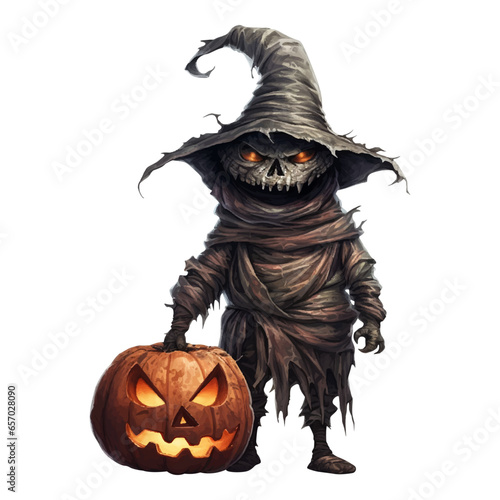 Halloween cartoon evil character holding pumpkin lantern. Scary character in a witch's hat and black cloak with a scary face. Vector isolated illustration created using AI generation