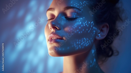 Photograph of a woman using a blue light therapy device on their face, focus on the glow and skin texture. Biohacking concept photo