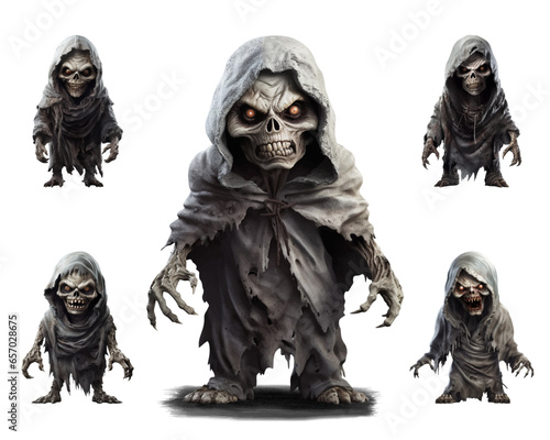 Set of scary zombies in a black cloak with a scary skull face and long claws on his hands. Risen from the dead. Halloween evil character. Vector isolated illustration created using AI generation