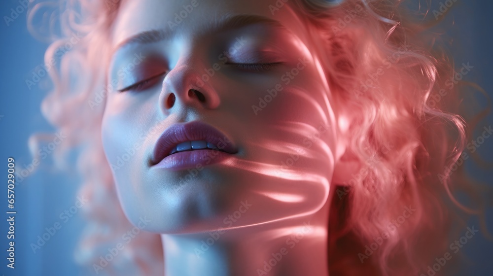 Photograph of a woman using a blue light therapy device on their face, focus on the glow and skin texture. Biohacking concept - obrazy, fototapety, plakaty 