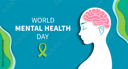 World mental health day web banner. Human head silhouette, healthy brain. Vector Background.