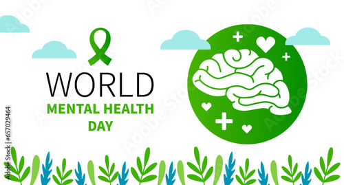World mental health day web banner. Brain and flowers. Vector illustration.