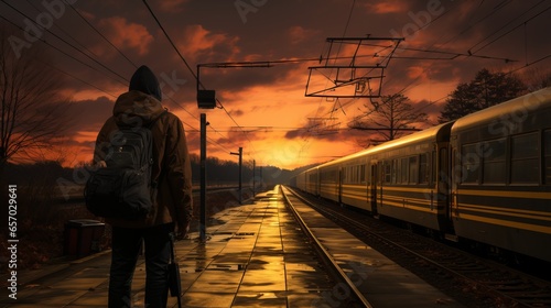 Einsamer Mann mit Rucksack steht am Abend auf einem leeren nassen Bahnsteig und schaut in Richtung mit Wolken bedecktem Horizont photo