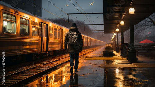 Mann mit Rucksack steht abends auf einem Bahnsteig eines Bahnhofs und schaut in Richtung Ende