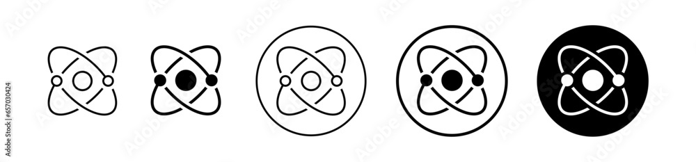 atom icon set. molecule nucleus science vector symbol. physics nuclear research sign. electron, proton, or neutron chemistry icon in black filled and outlined style - obrazy, fototapety, plakaty 