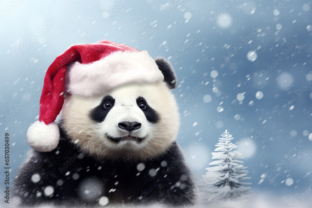 panda wearing santa claus hat snow background panda wearing santa claus hat snow background