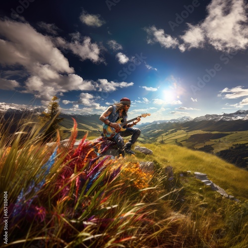 Un rockeur avec des cheveux longs portant un bandana jouant de la guitare électrique dans un paysage de montagnes, l'été, sous un ciel bleu avec des nuages.
