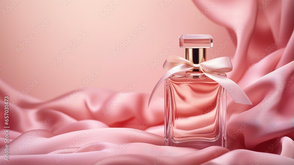 Generative AI, Bottle of perfume on a pink silk background. Glass flask with pink fragrance packaging design mock up - obrazy, fototapety, plakaty 