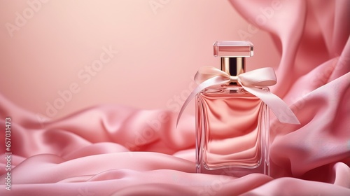 Generative AI, Bottle of perfume on a pink silk background. Glass flask with pink fragrance packaging design mock up