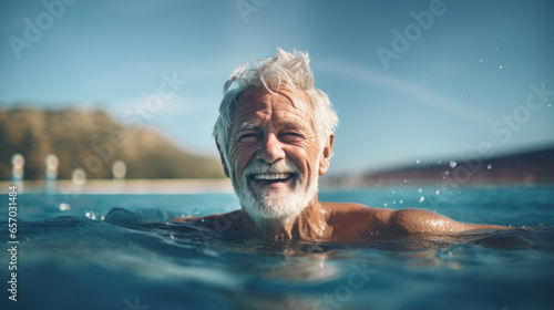 Senior man swimming in outdoor swimming pool. © PaulShlykov