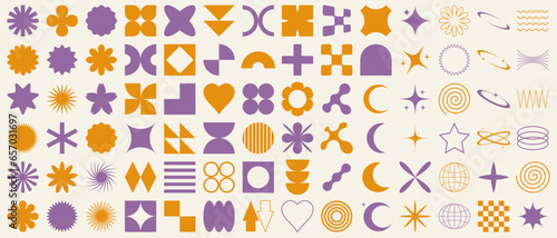 Big vector set of brutalist geometric shapes. Trendy abstract minimalist figures, stars, flowers, circles. Modern abstract graphic design elements.