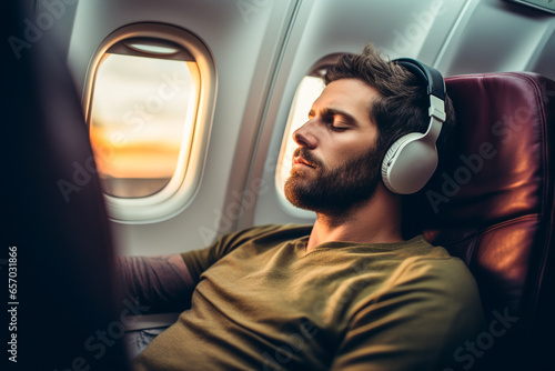 Generative AI illustration of calm man on chair and sleeping near windows in plane photo