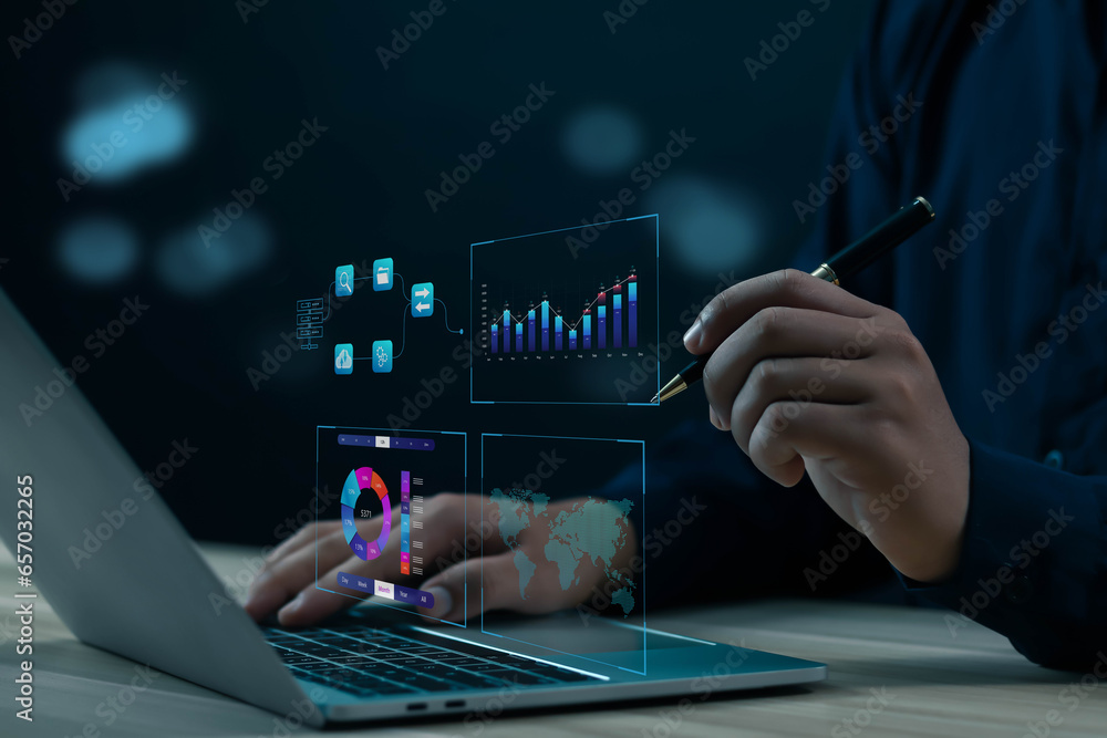 Businessman showing progress, data, business plan, software, work chart, smart technology office Technology developer time report Leading the way in designing intelligent, critical computing leaders.	 - obrazy, fototapety, plakaty 