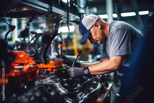 Male worker assembling car motor in the car factory. Car manufacturer, automobile production