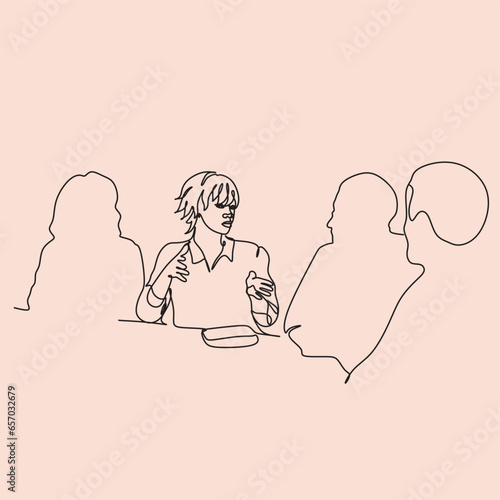 Minimalist Line art of Black business woman. A woman speaks at a conference. Woman speaker