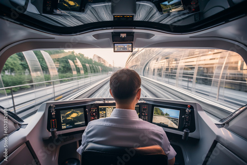 Generative AI illustration of back view of faceless driver looking away at railroad while sitting in cabin with dashboard crossing rapid running train photo