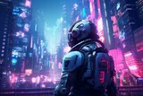 Futuristic astronaut explores cyberpunk city adorned with neon lights in an illustrated artwork. Generative AI