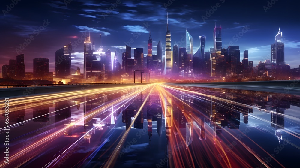Speed light trails path through smart modern mega city and skyscrapers town with neon futuristic technology background, future virtual reality, motion effect, high speed light, with Generative Ai.