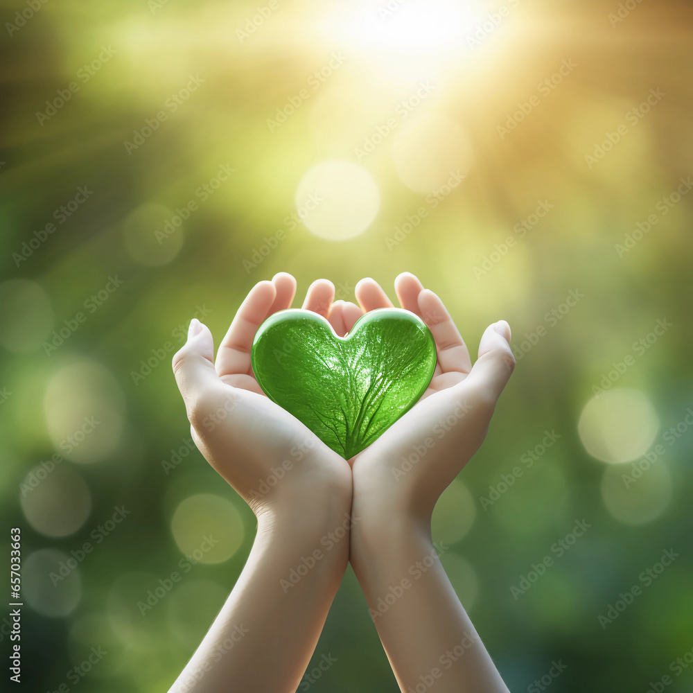 Woman hands holding green heart, Happiness moment, Health care, donate, green day, World heart day, world health day, Hope, Gratitude, Kindness and Save world's day concept, Generative AI. - obrazy, fototapety, plakaty 
